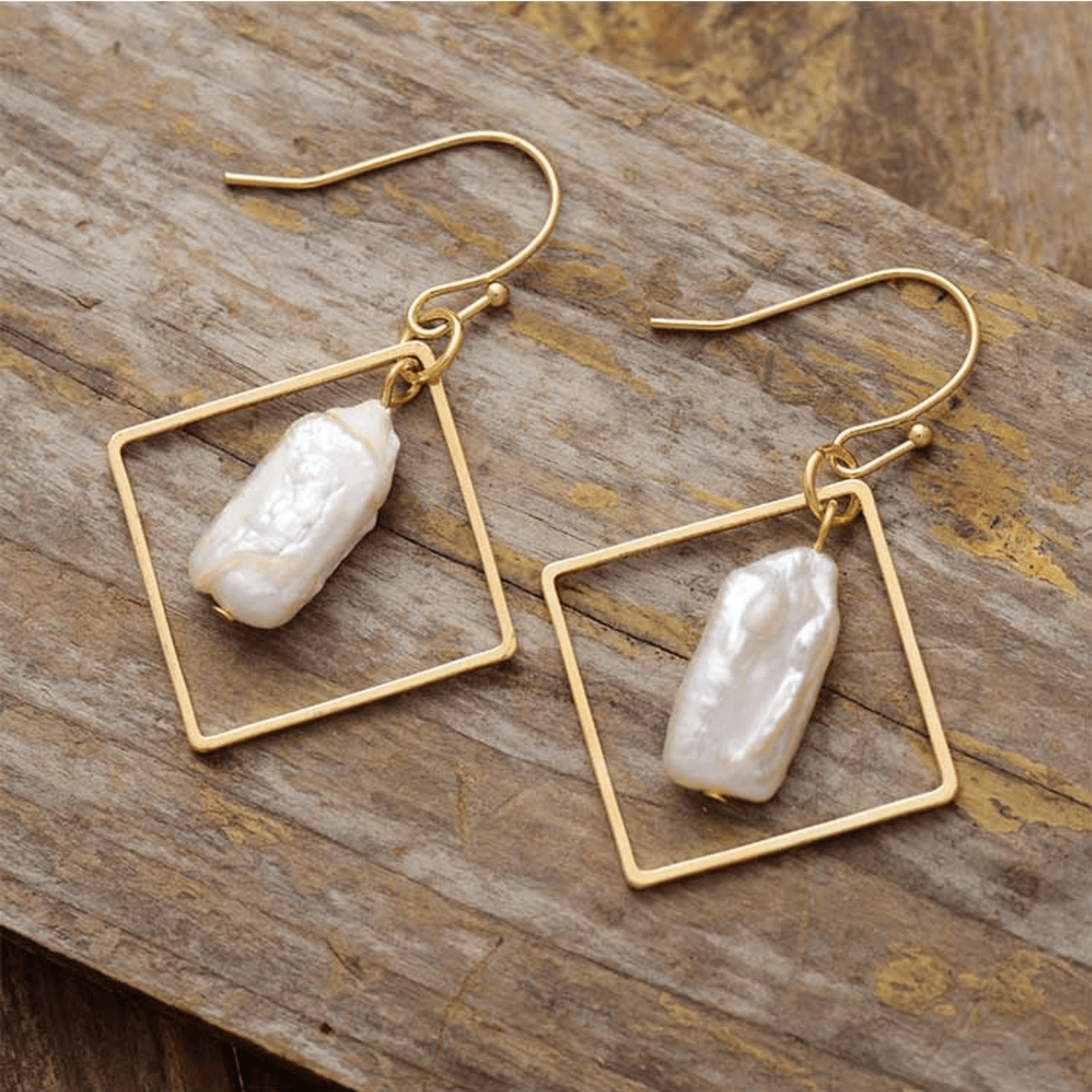 Geometric Freshwater Pearl Drop Earrings in Goldtone