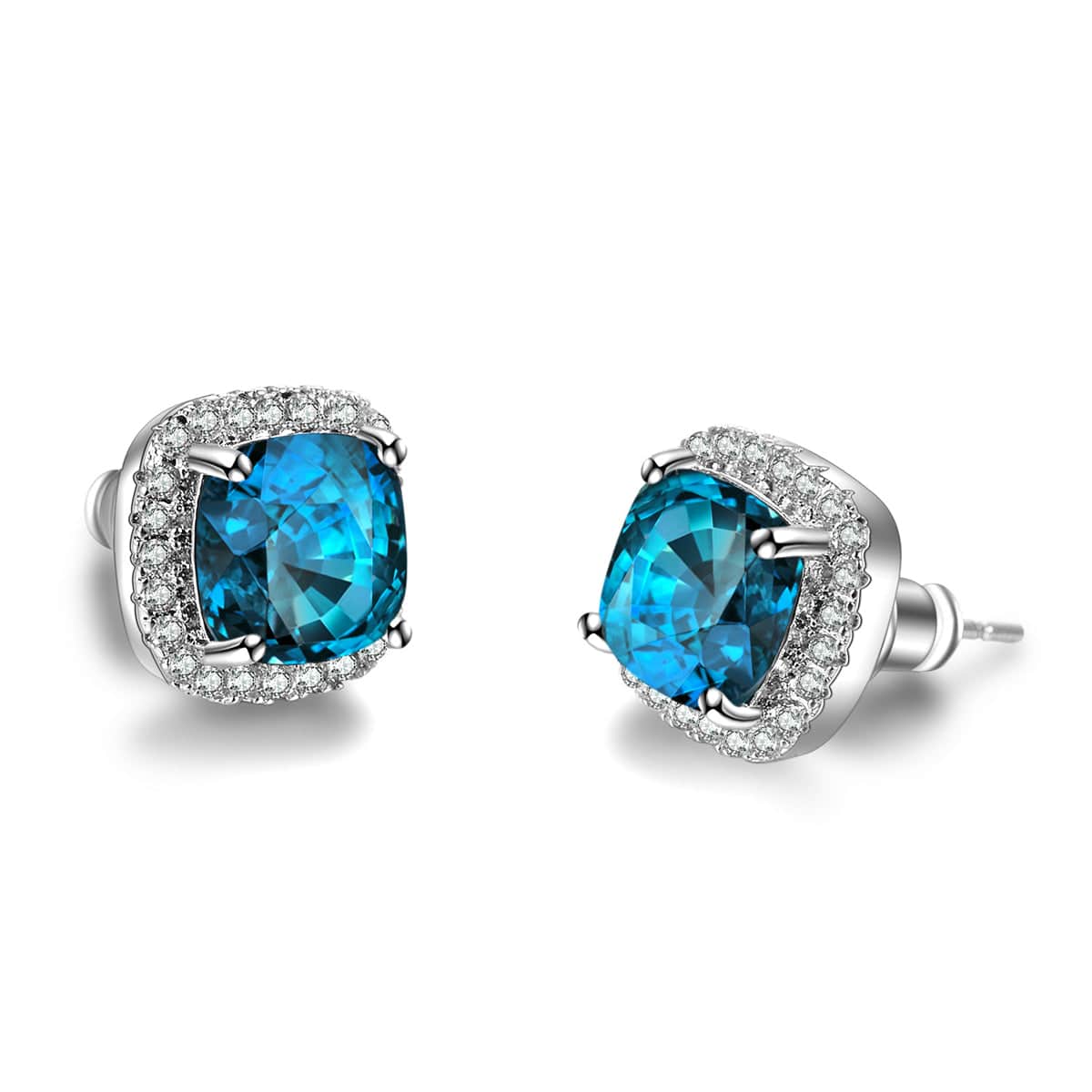 Light Blue Princess Crystal & Silvertone Halo Stud Earrings
