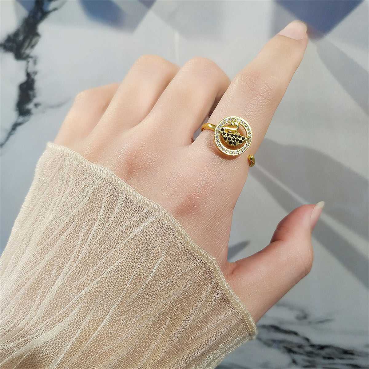 Black Cubic Zirconia & Goldtone Rotating Swan Open Ring