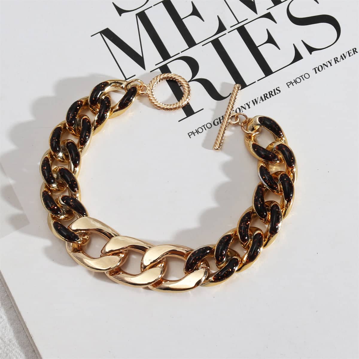 Amber-tone & Goldtone Curb Chain Toggle Bracelet