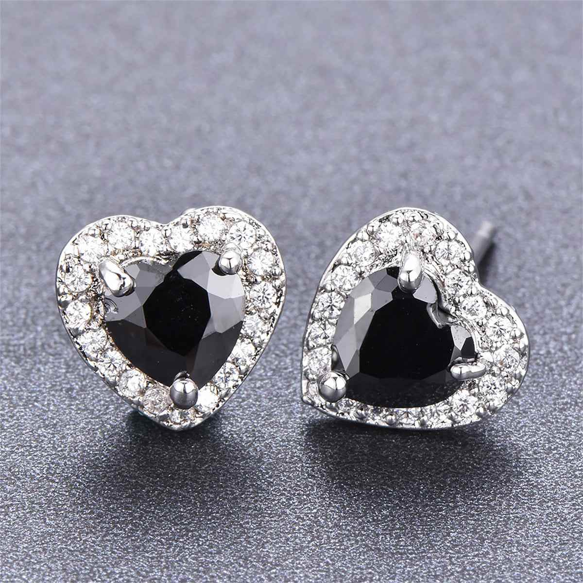 Black Crystal & Cubic Zirconia Silvertone Halo Heart Stud Earrings