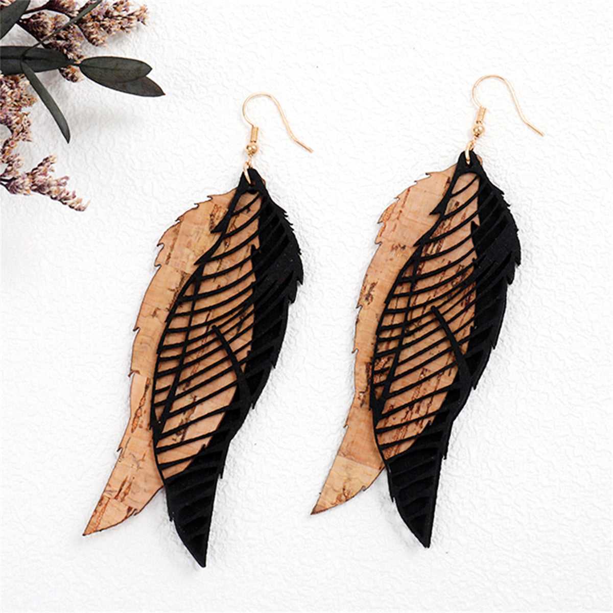 Black Polymer Clay & Goldtone Leaves Drop Earrings