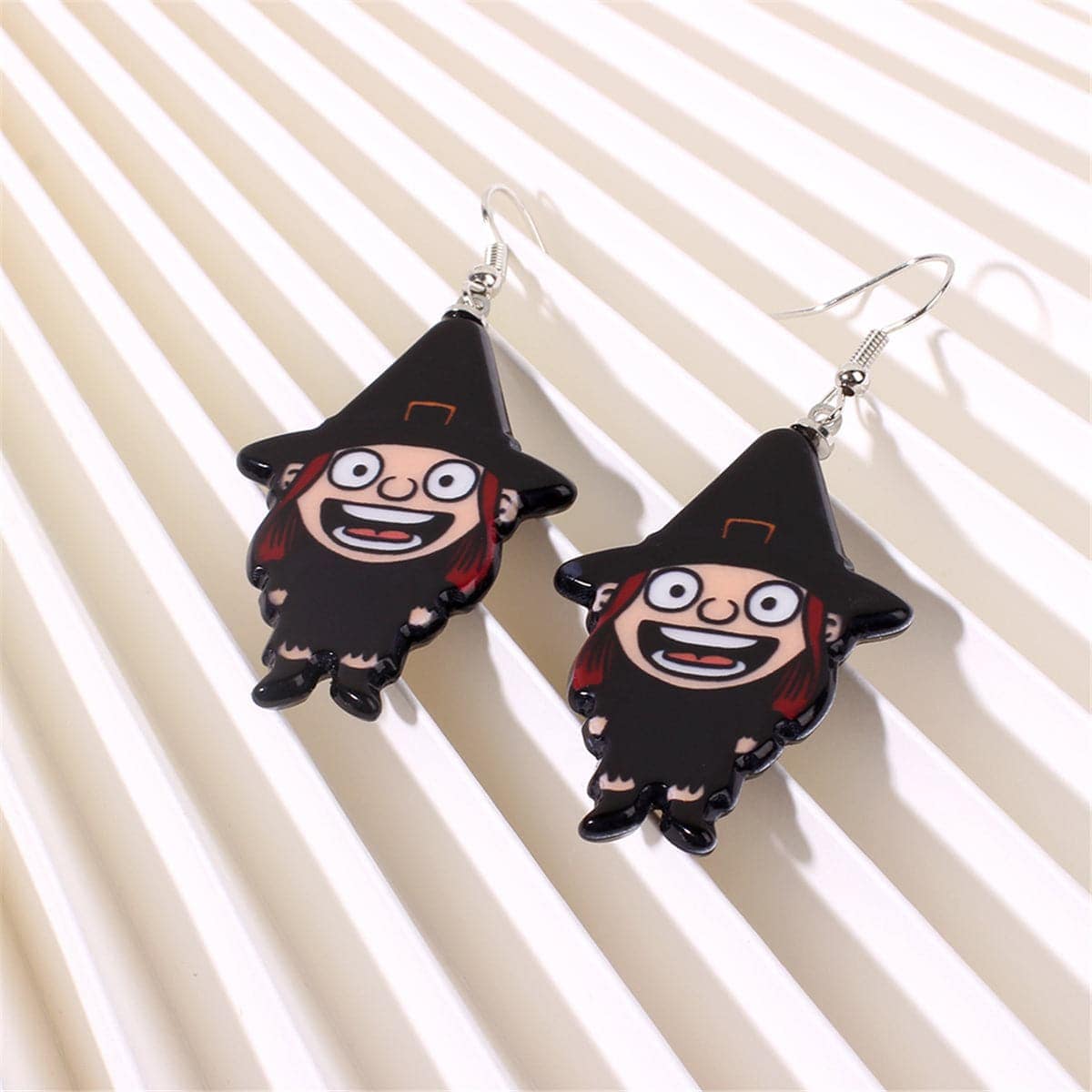 Black Acrylic & Silvertone Witch Drop Earrings