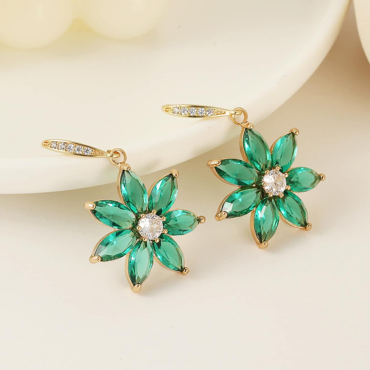 Emerald Crystal & Cubic Zirconia Goldtone Flower Hook Earrings