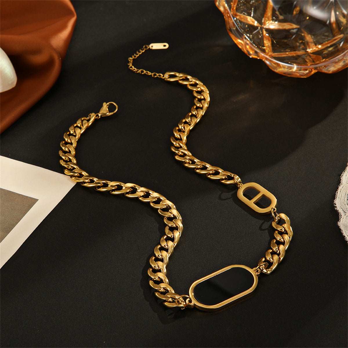 Black Acrylic & Goldtone Curb Chain Necklace