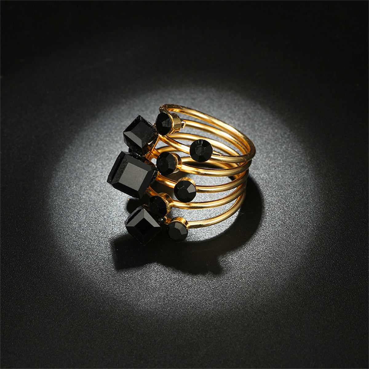 Black Crystal & Goldtone Geometric Layered Ring