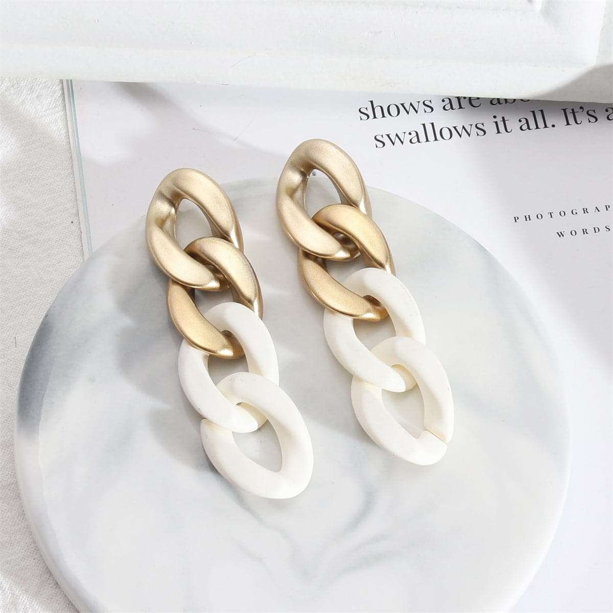 White Acrylic & Goldtone Curb Chain Drop Earrings