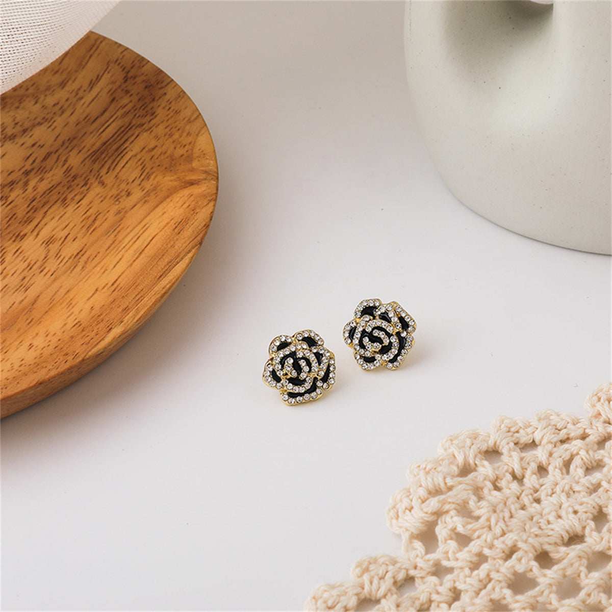 Black & Cubic Zirconia Pavé Camellia Stud Earrings