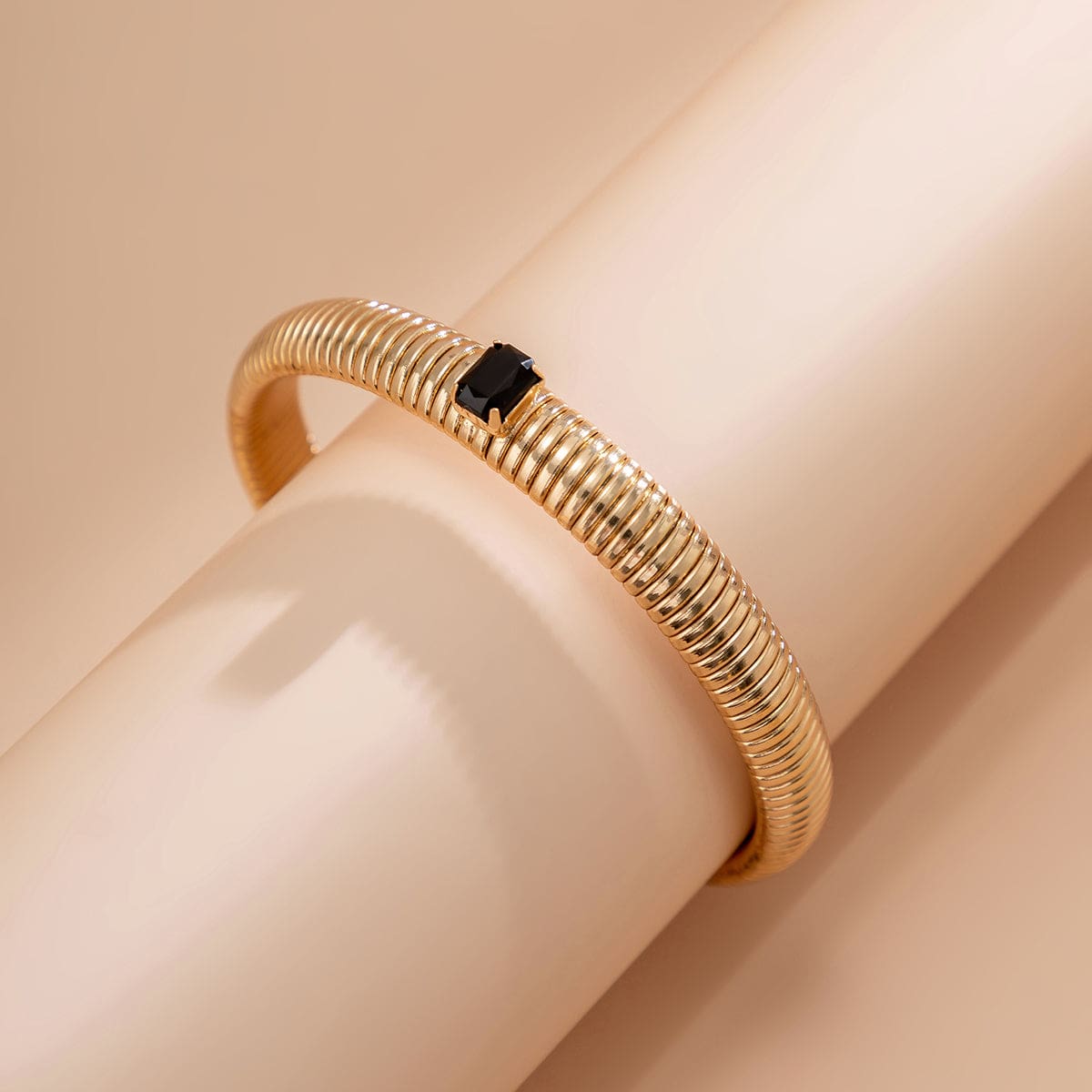 Black Crystal & Goldtone Herringbone Bangle