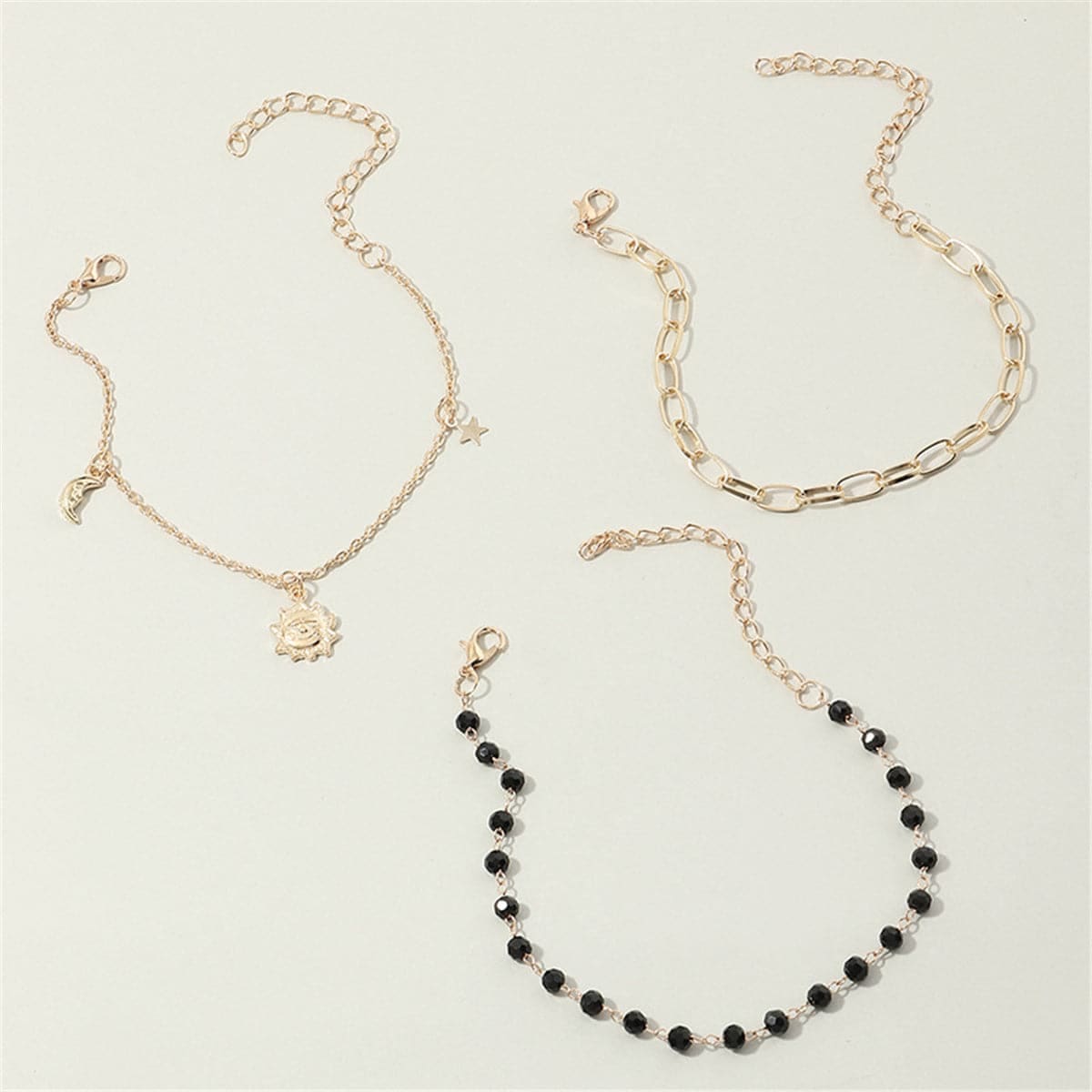 Black Bead & 18K Gold Plated Sun Figaro Anklet Set