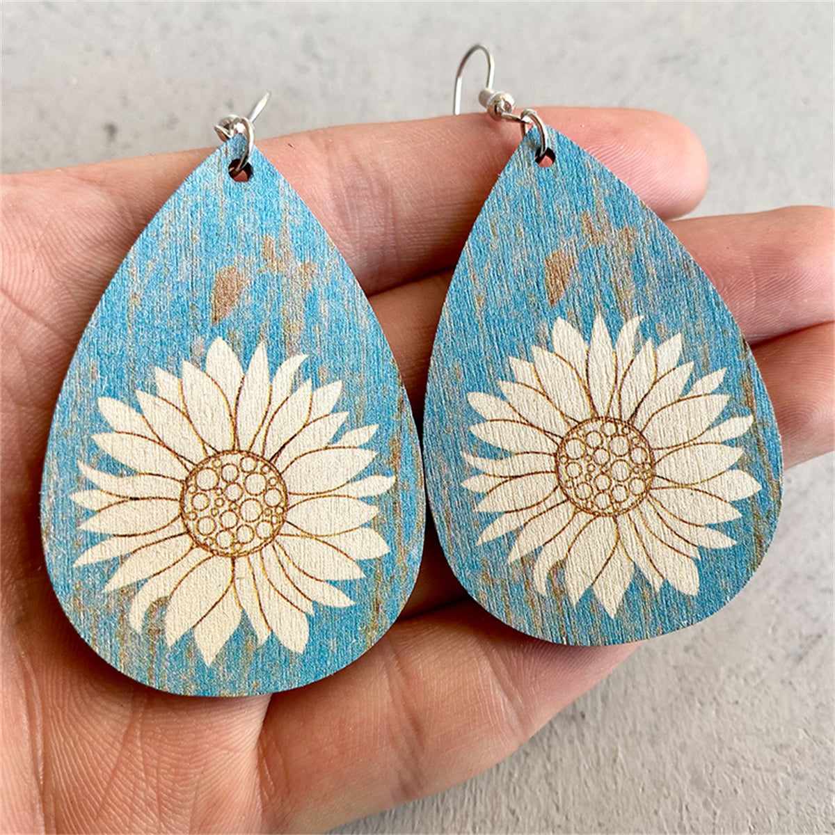 Aqua Wood & Silvertone Lotus Drop Earrings