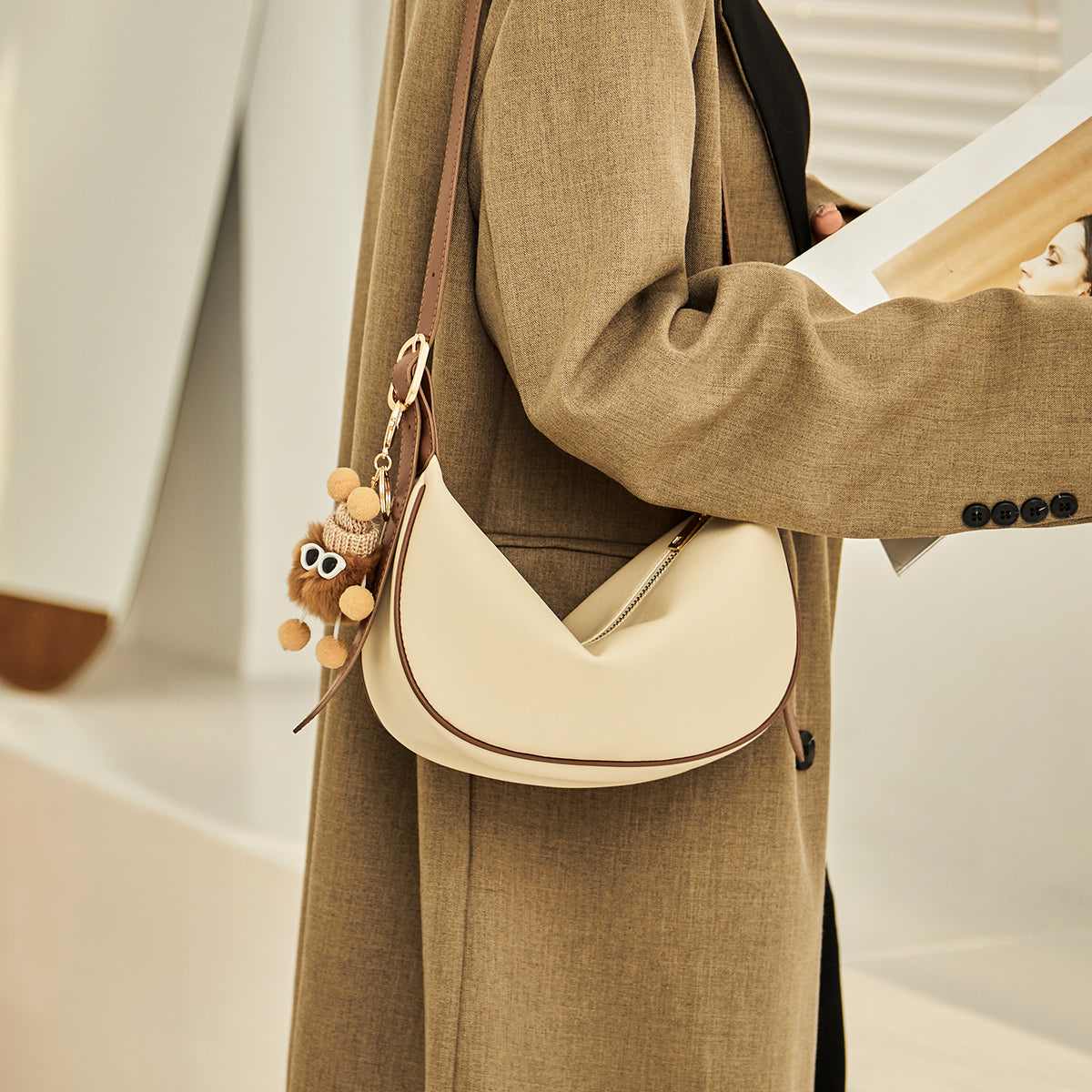 Crescent Leather Crossbody Shoulder Bag with Bear Charm