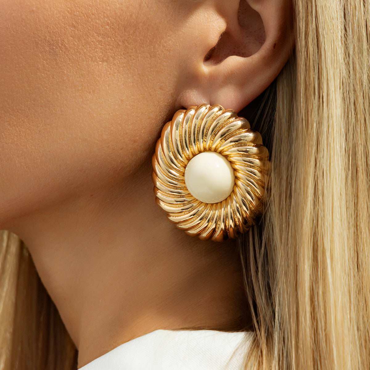 Beige Resin & Goldtone Floral Round Stud Earrings