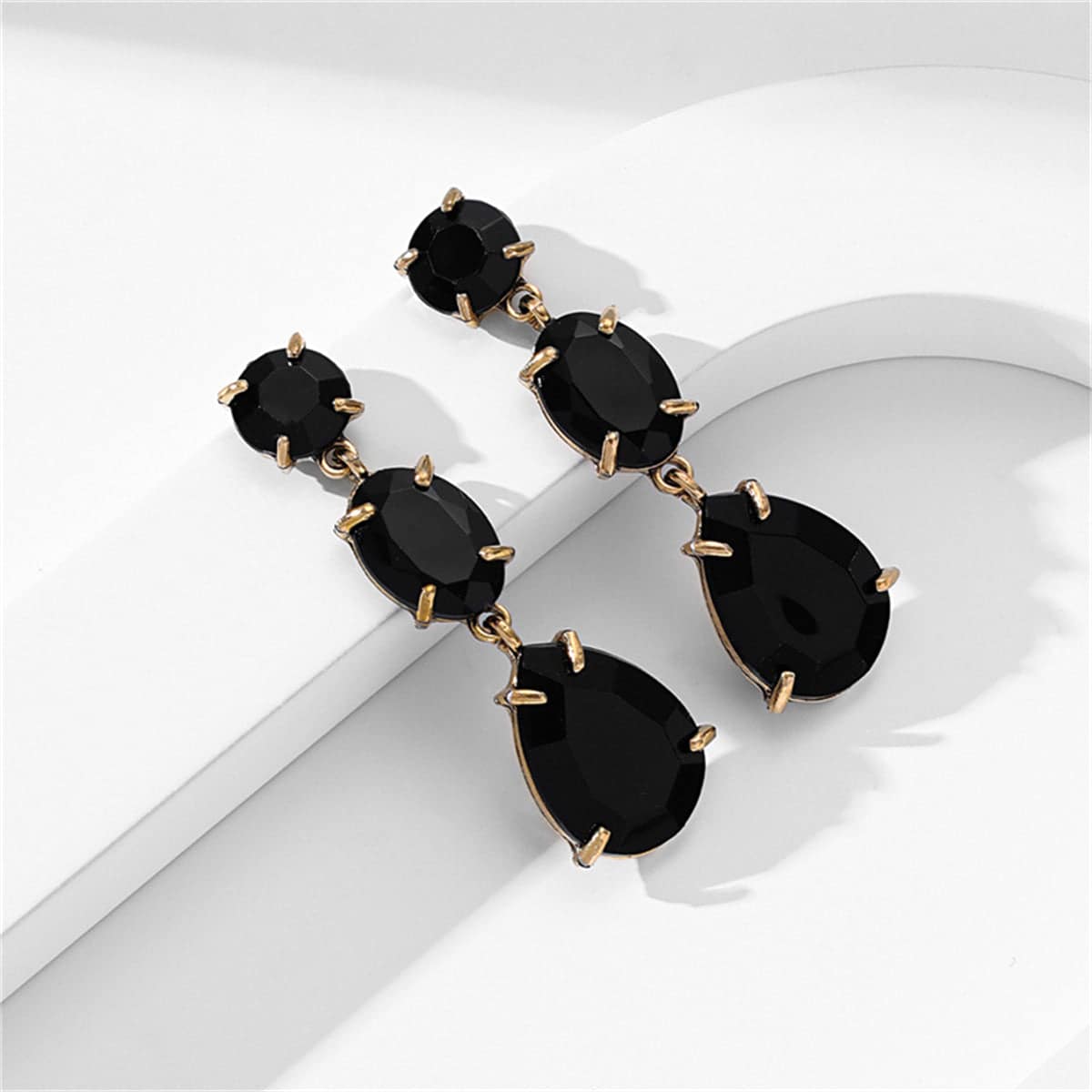 Black Crystal & Goldtone Oval Pear Drop Earrings