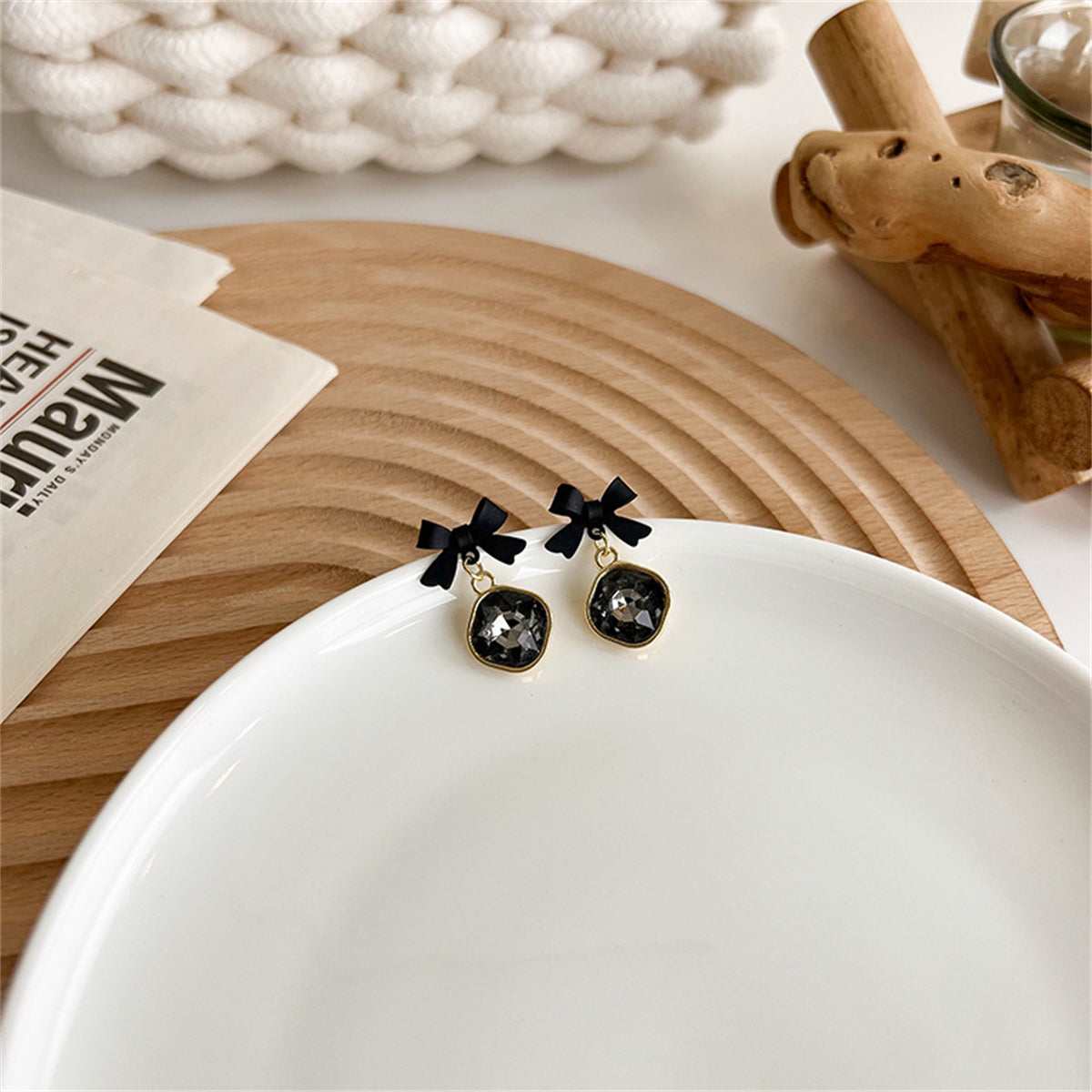 Black Crystal & Enamel Goldtone Bow Drop Earrings
