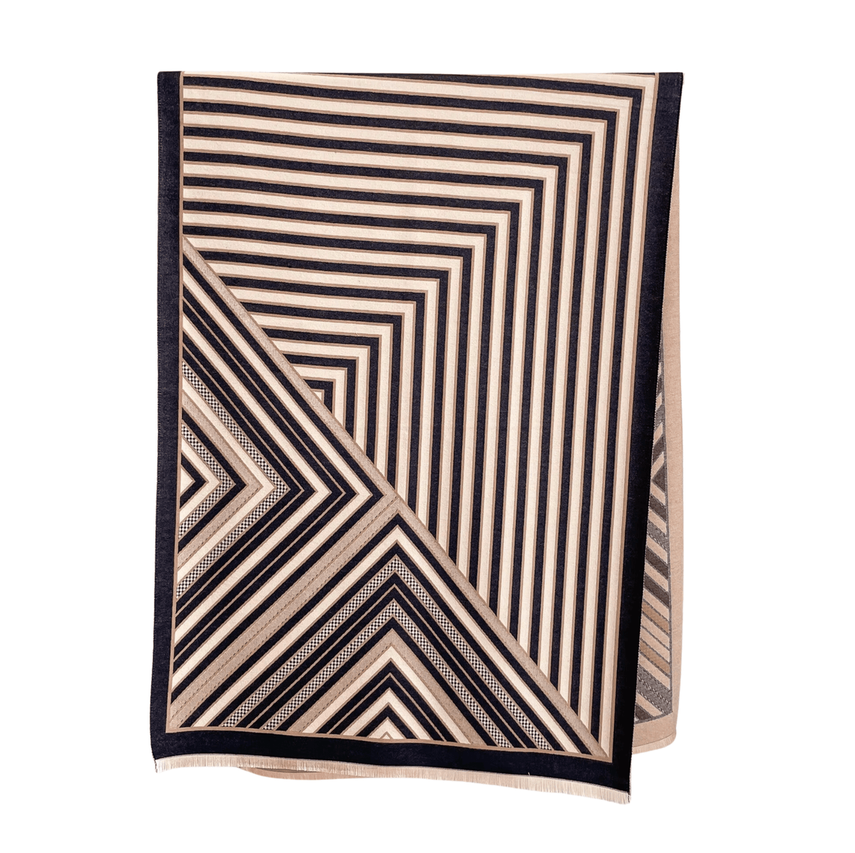 Beige & Black Striped Fringe-Trimmed Scarf