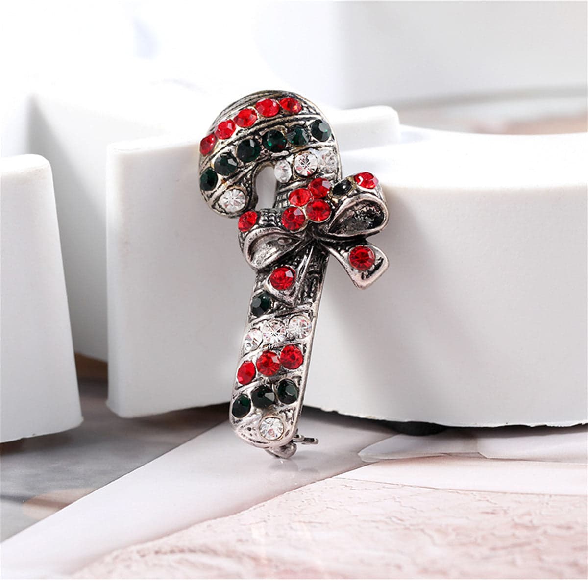 Black & Red Cubic Zirconia & Silvertone Bow Candy Cane Brooch