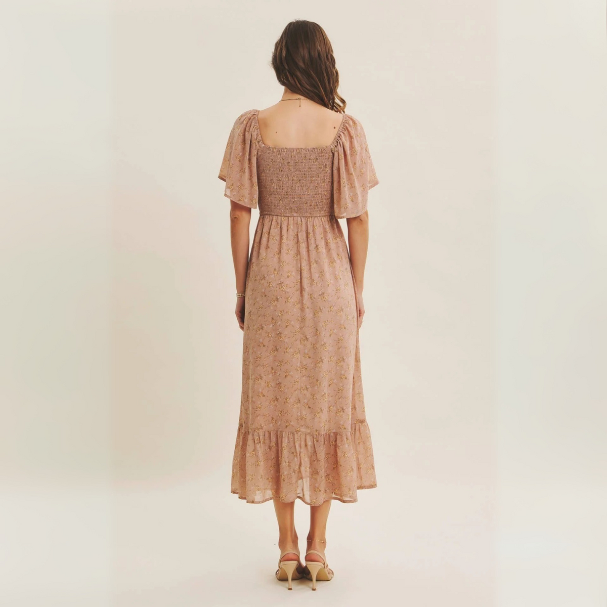 Ariana Square Neck Floral Chiffon Smocked Midi Dress