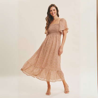 Ariana Square Neck Floral Chiffon Smocked Midi Dress