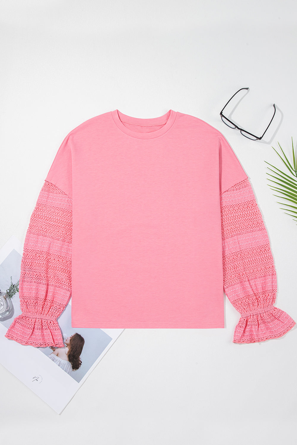 Threaded Pear Brielle Lace Ruffled Sleeve Patchwork Loose Sweatshirt