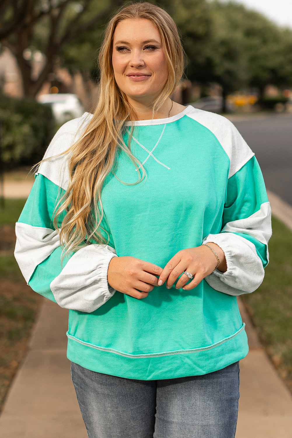 Threaded Pear Aruba Blue Colorblock Patchwork Cross Seam Plus Sweatshirt