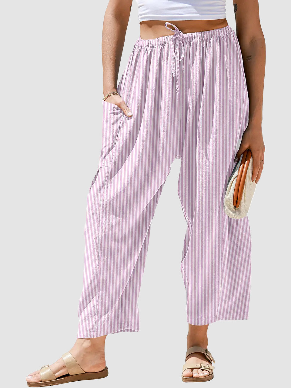 Drawstring Striped Wide Leg Pants With Side Pockets