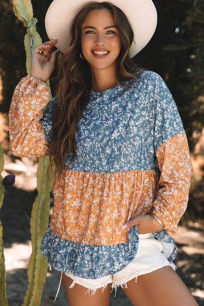Threaded Pear Cecilia Floral Ruffled Hem Round Neck Blouse