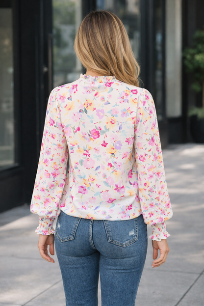 Threaded Pear Clover Cakewalk Floral Smocked Blouse