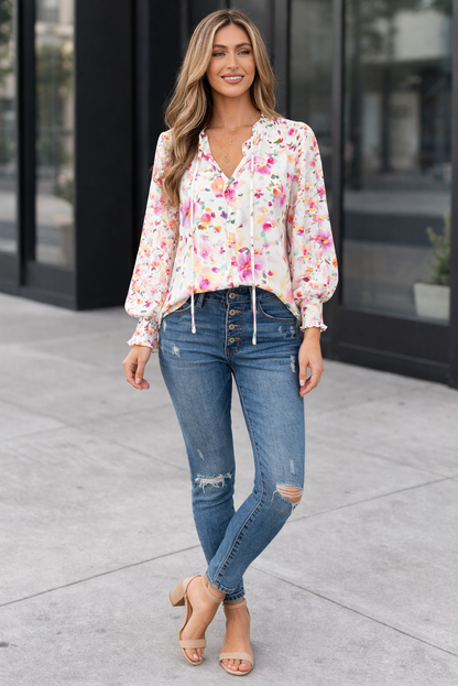 Threaded Pear Clover Cakewalk Floral Smocked Blouse