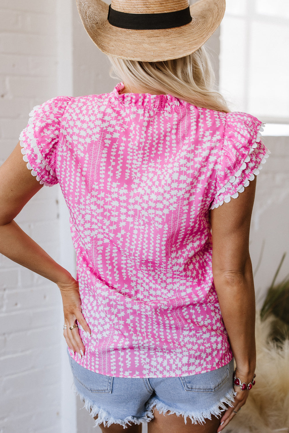 Threaded Pear Cynthia Ric Rac Trim Flutter Sleeve Notch V Neck Blouse