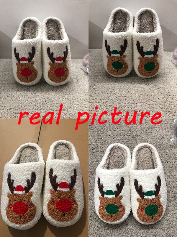 Christmas Elk Winter Home Slippers | Soft Cozy Reindeer Bedroom Shoes | Plush Slip-On House Slippers for Men & Women | Warm Holiday Indoor Footwear
