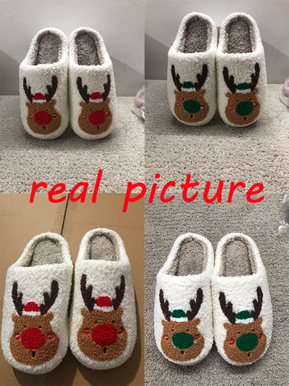 Christmas Elk Winter Home Slippers | Soft Cozy Reindeer Bedroom Shoes | Plush Slip-On House Slippers for Men & Women | Warm Holiday Indoor Footwear