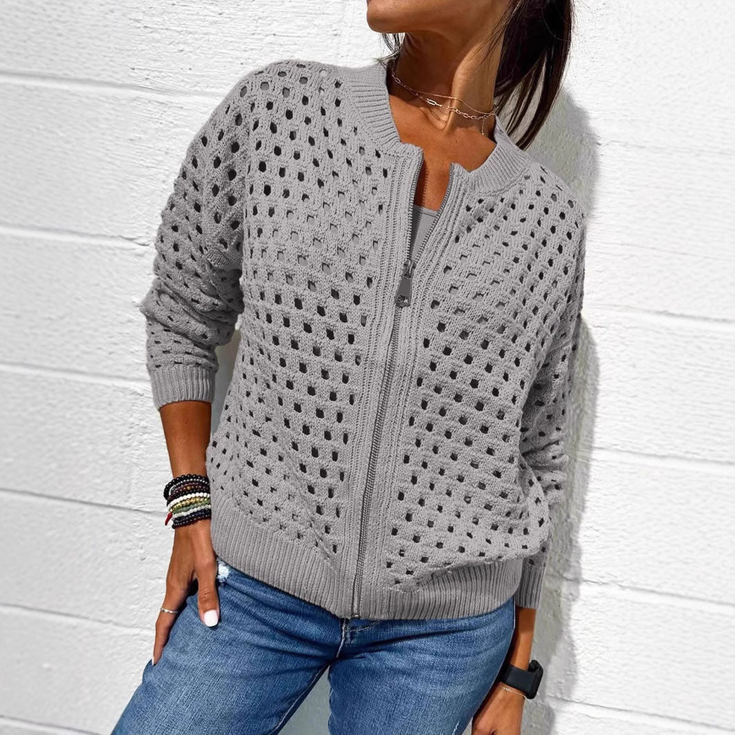 Women’s Fashion Hollow Knitted Zip-Up Jacket | Long-Sleeved Breathable Crochet Top | Trendy Lightweight Knit Cardigan | Modern Urban Layering Jacket for Women