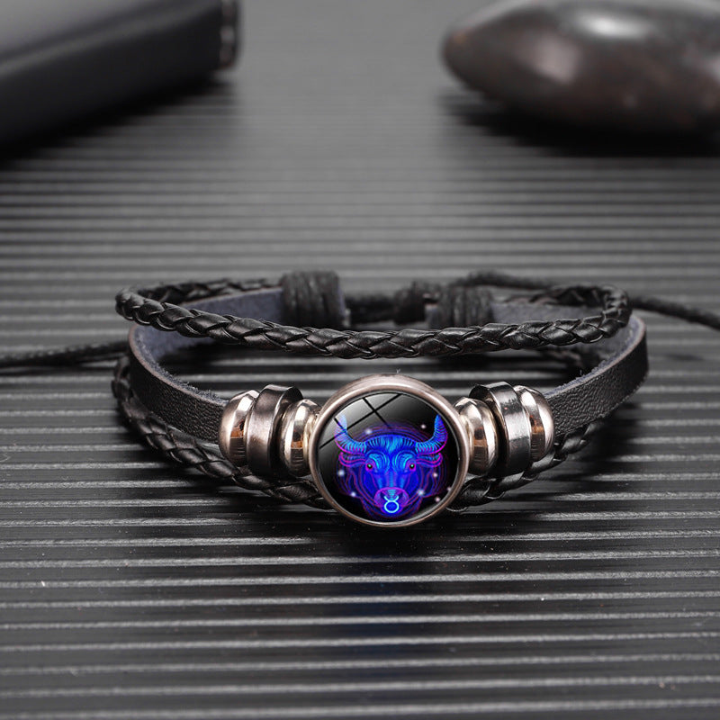 12 Zodiac Constellation Luminous Bracelet | Handmade Braided Leather Astrology Bracelet | Glow-in-the-Dark Birthday Gift for Men, Women & Kids