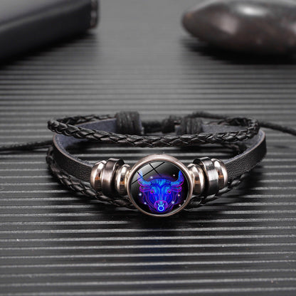 12 Zodiac Constellation Luminous Bracelet | Handmade Braided Leather Astrology Bracelet | Glow-in-the-Dark Birthday Gift for Men, Women & Kids