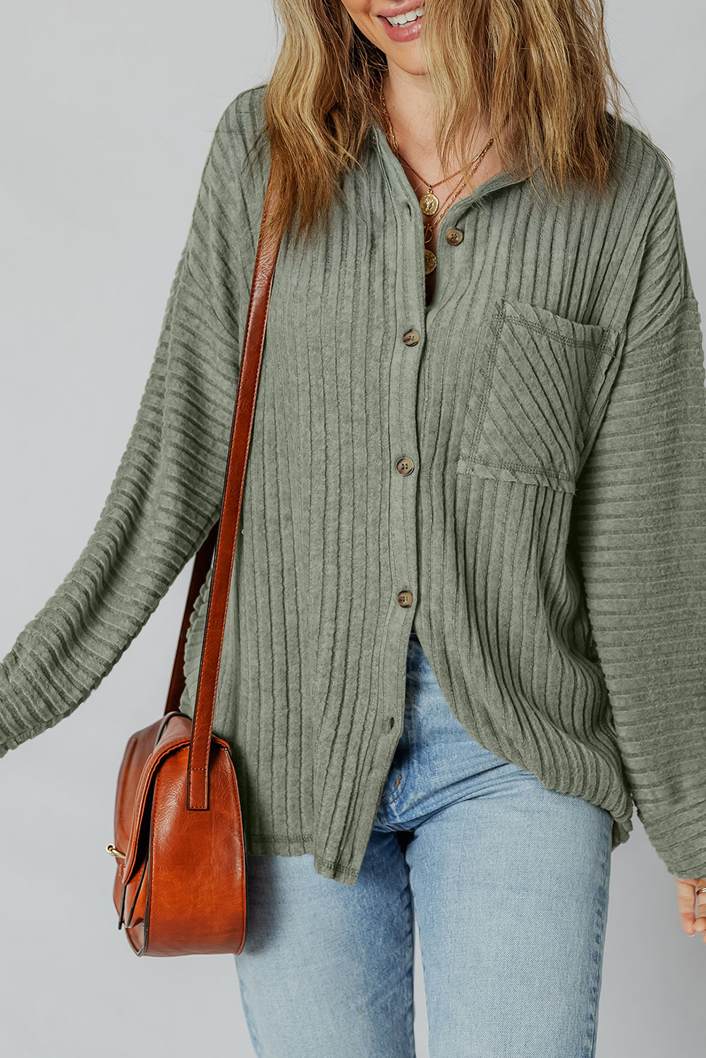 Threaded Pear Lucia Ribbed Texture Button Up Shacket