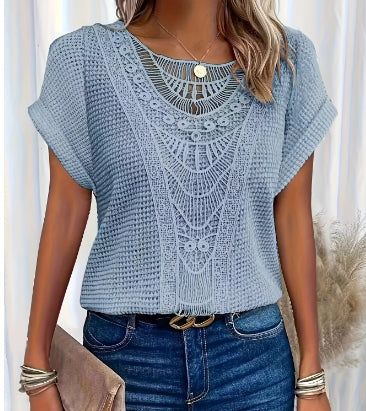 Women’s Summer Hollow-Out T-Shirt | Fashion Ethnic Style Short-Sleeved Top | Elegant Embroidered Lace Knit Blouse | Trendy Minimalist Breathable Summer Clothing | 2026 High-Fashion Artisan Ethnic Top