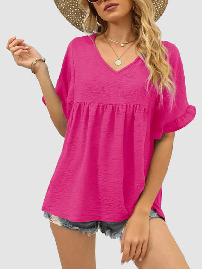 Womens Casual V Neck Ruffle Sleeve T Shirts Babydoll Loose Fit Peplum Tops