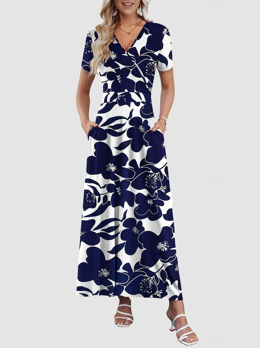 Women's V-neck ankle-length printed long flowing dress with pockets
