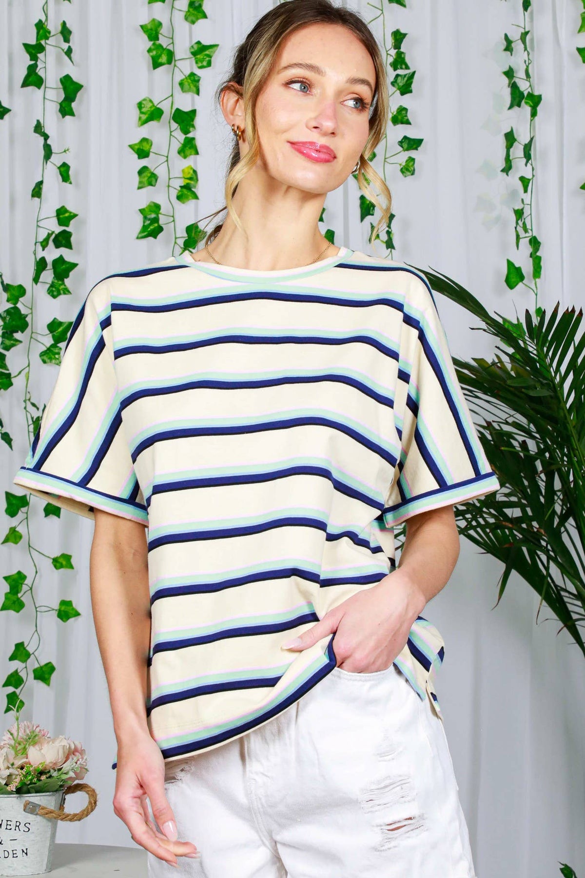 Bethany Crew Neck Roll-Up Sleeve Multi Strip Cotton Knit Top