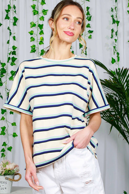 Bethany Crew Neck Roll-Up Sleeve Multi Strip Cotton Knit Top