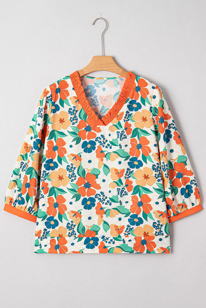 Threaded Pear Lily Print Bracelet Sleeve Blouse