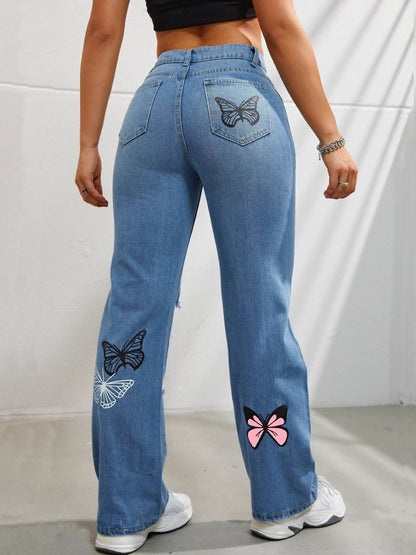 Women’s High-Waisted Butterfly Print Straight Leg Jeans | High-Sense Ripped Distressed Denim | Trendy Minimalist Butterfly Motif Pants | Luxury-Label Statuesque Radiant Urban Wear | 2026 High-Fashion Botanical-Luxe Essential