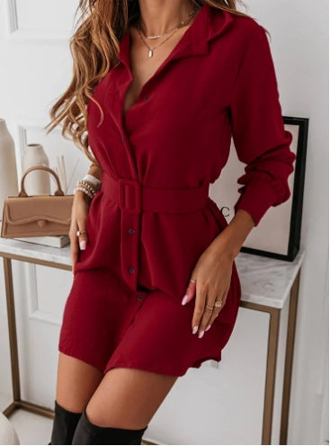 Lapel Long-sleeved Dress With Belt Fashion Elegant Button-do0wn Shirt Dresses For Women
