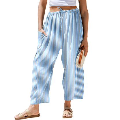 Drawstring Striped Wide Leg Pants With Side Pockets