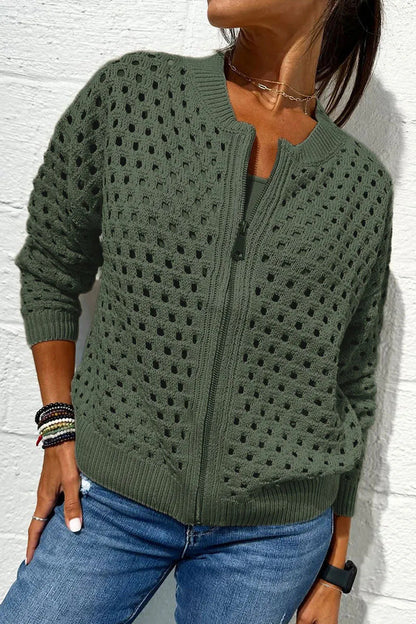 Women’s Fashion Hollow Knitted Zip-Up Jacket | Long-Sleeved Breathable Crochet Top | Trendy Lightweight Knit Cardigan | Modern Urban Layering Jacket for Women