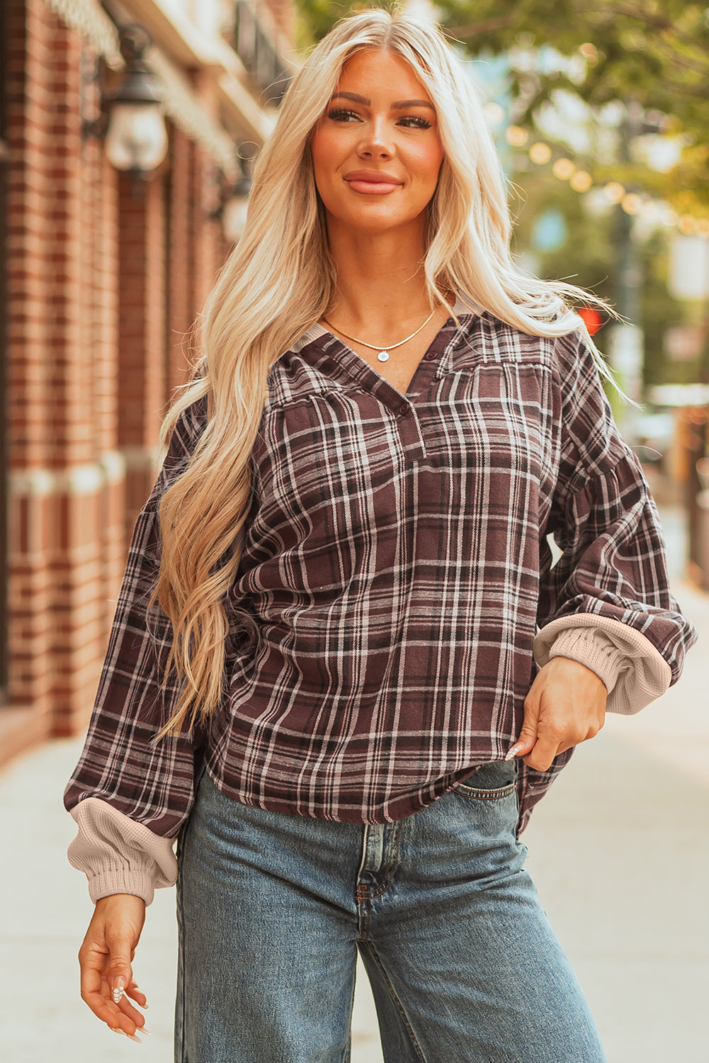 Threaded Pear Lauren Plaid Patchwork Long Sleeve Hooded Top
