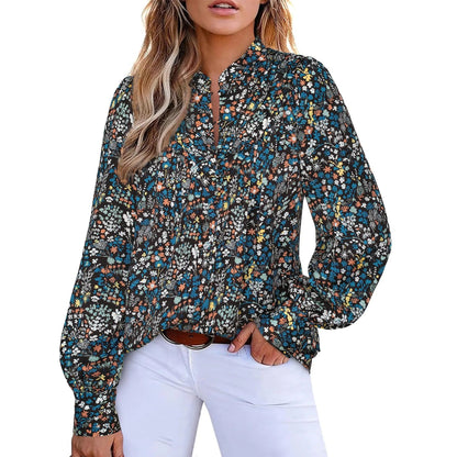 Women's Boho Floral V-Neck Half Button Down Blouse