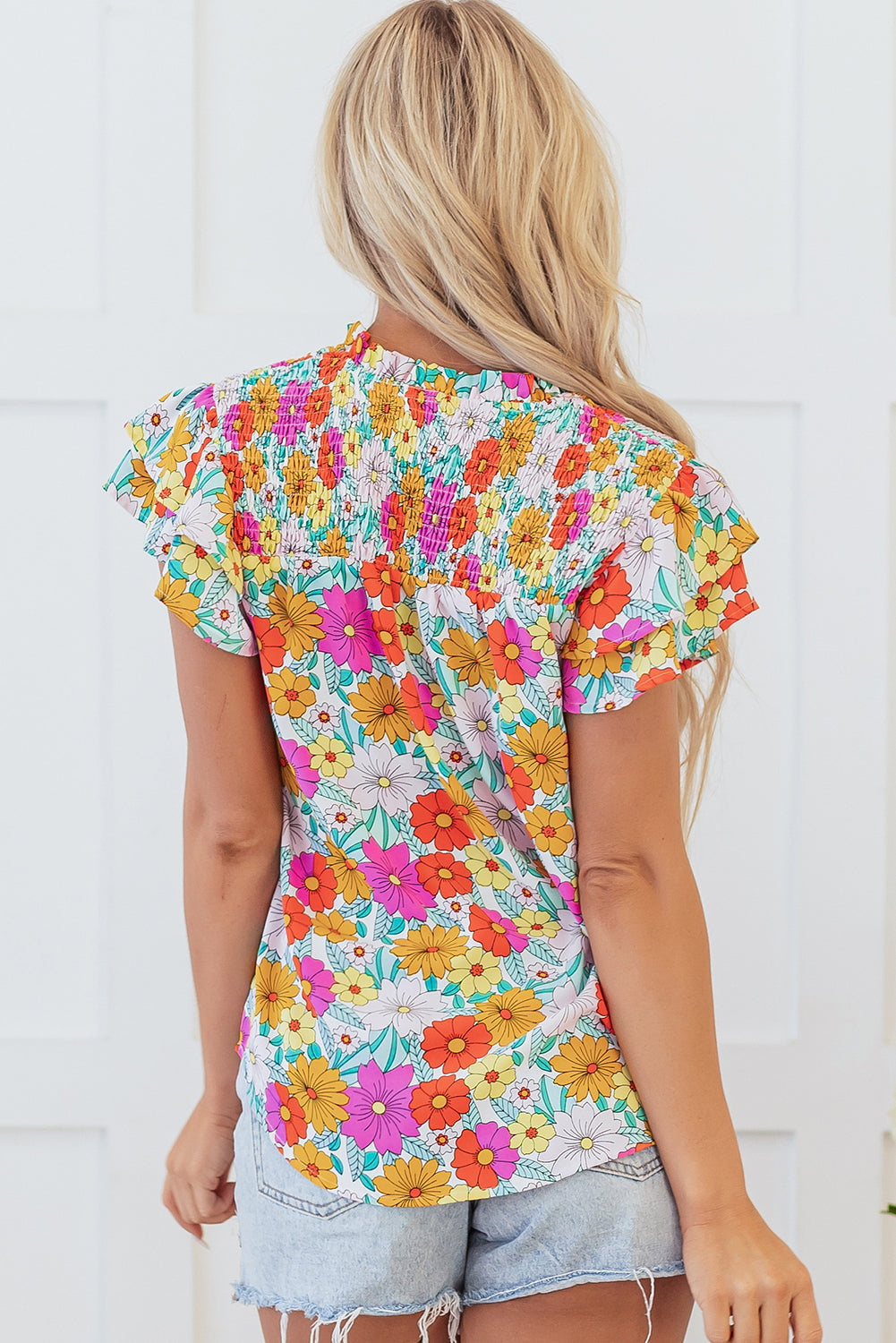 Threaded Pear Leslie Floral Shirred Tiered Ruffled Sleeve Blouse