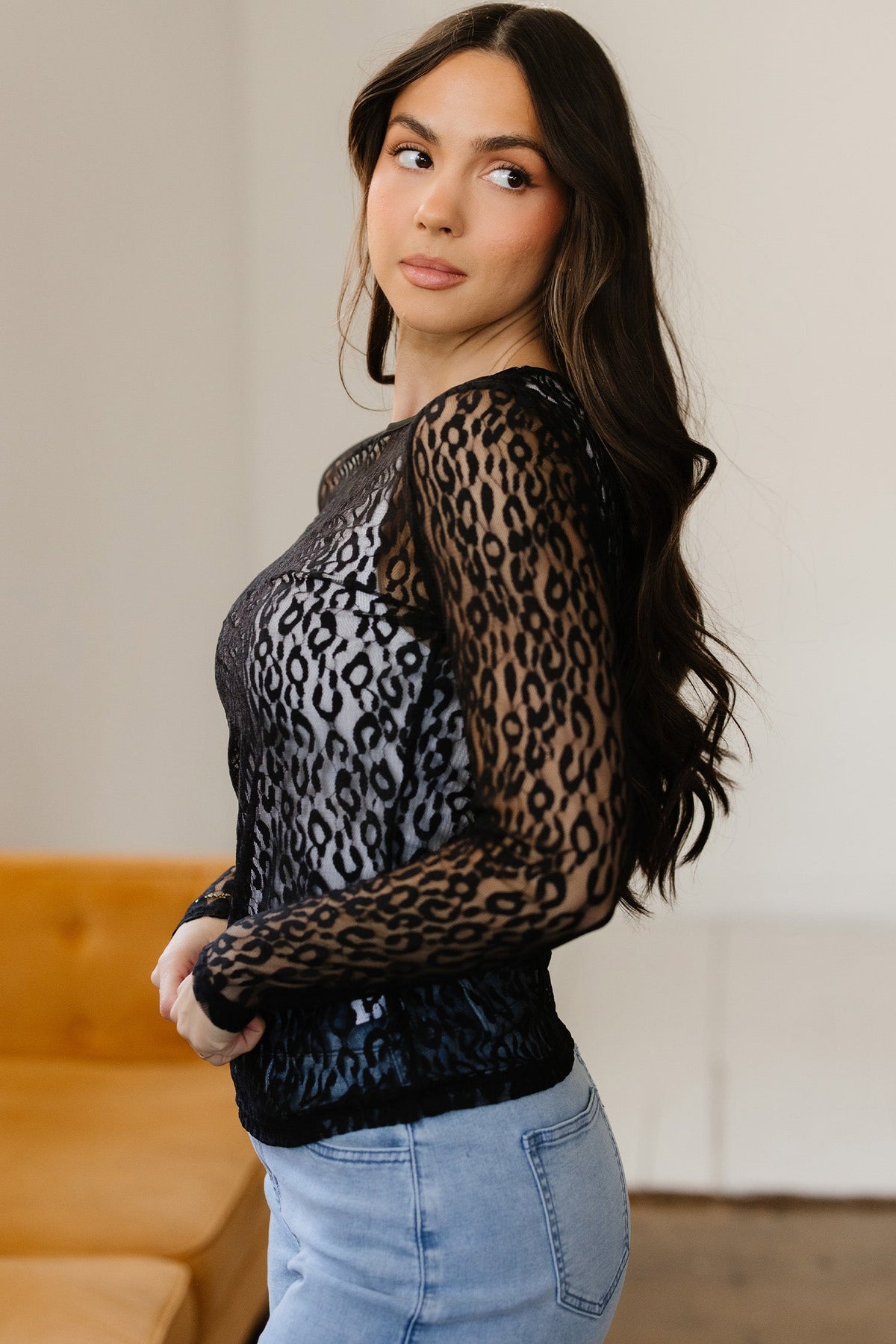 Threaded Pear Denver Pattern Sheer Mesh Long Sleeve Top